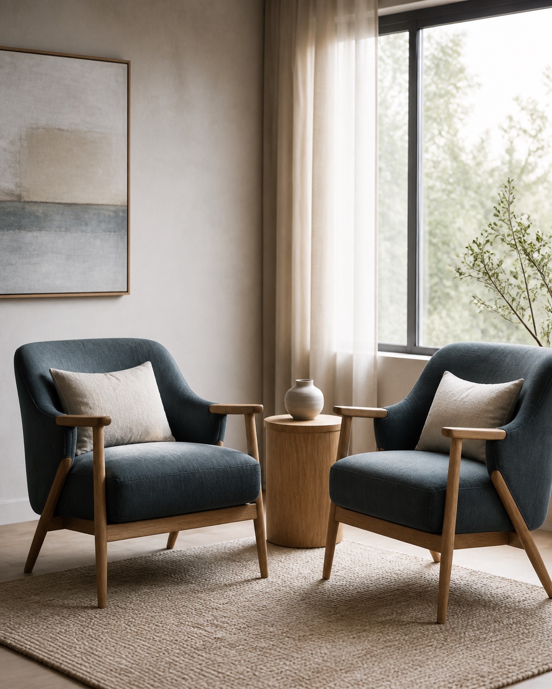 Two comfortable blue chairs angled toward each other beside a softly lit window